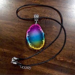 Rainbow Druzy Agate Quartz Pendant on Waxed Necklace w/ Lobster Claw Clasp